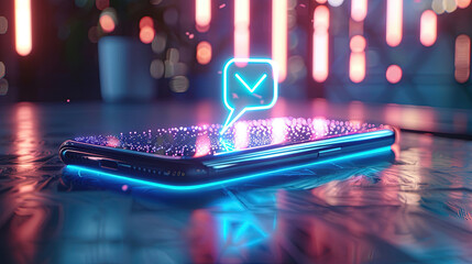 Smartphone on table with 3d message notification icon.