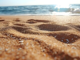 Poster - Tranquil beach scene with footprints in the golden sand under a bright sun