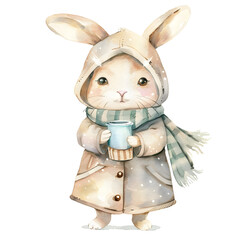 
a super cute cartoon chubby baby rabbit wearing Cooler Weather and drinking hot drinks, single object, watercolor illustration