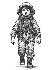child astronaut in space suit floating among stars and planets giving peace sign sketch engraving ge