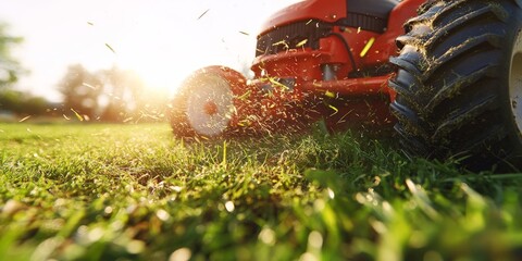 Sticker - Man Mows Lawn at Sunset Creating Serene Backyard Atmosphere