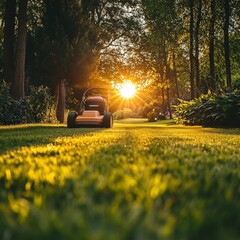 Wall Mural - Man Mows Lawn at Sunset Creating Serene Backyard Atmosphere