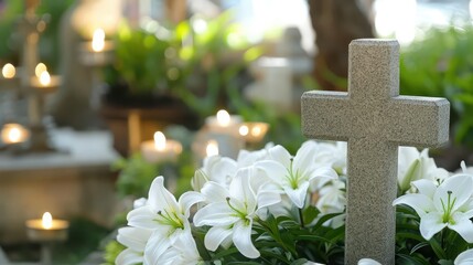 A stone cross at a memorial site, surrounded by white lilies and candles