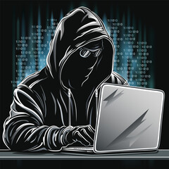 hacker at laptop in hoodie, dark mask and black glasses on dark blue background with binary matrix. stealing personal information. cyber attack concept. vector illustration.