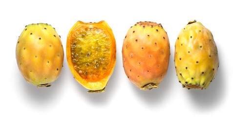 Poster - Prickly pear cactus, set of Opuntia edible fruit macro shot, isolated on white background. Whole and halved fresh tasty sweet exotic fruits macro shot. Opuntia ficus indica, top view, flat lay 