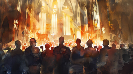 Worshippers gather in a historic church, experiencing a powerful gospel service illuminated by radiant light streaming through stained glass, watercolor art