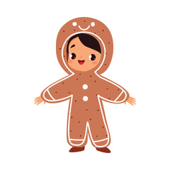 Sticker - Girl Character in Gingerbread Costume Celebrate Christmas Holiday at Winter Vector Illustration