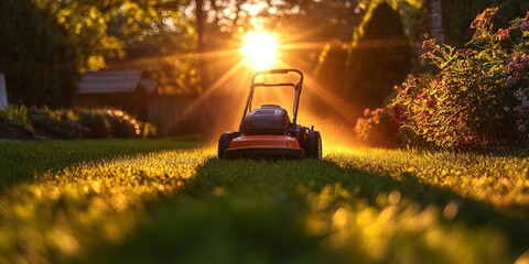 Sticker - Man Mows Lawn at Sunset Creating Serene Backyard Atmosphere