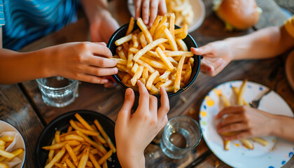 Family sitting around the table eating French fries