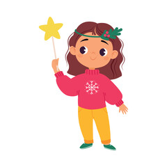 Poster - Girl Character with Star Celebrate Christmas Holiday at Winter Vector Illustration