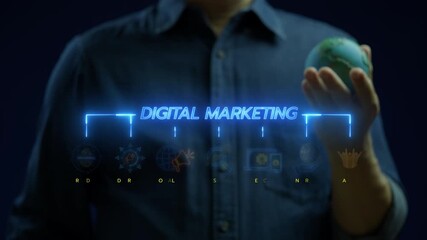 Businessman showing glowing neon line banner of digital marketing concept with icons of branding, advertising, SEO, social media, devices, internet and target on virtual screen.
