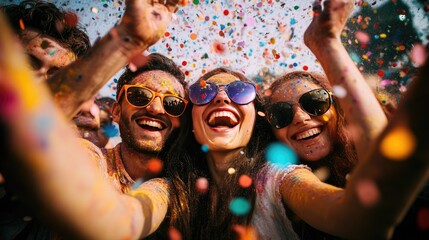 A joyful group of friends celebrating Holi under a shower of confetti, their faces lit with excitement and color.