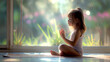 © polarbearstudio - A little girl is meditating while sitting in the room at home indoor with garden view