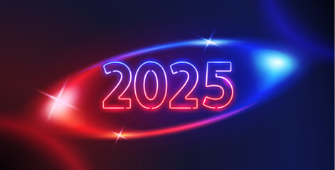 Wall Mural - Glowing Neon 2025 on Dark Red and Blue Background. Vector clipart for your holiday projects.