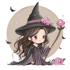 a super cute cartoon, drawing a cute cartoon rose wearing a long cloak or robe and standing holding 