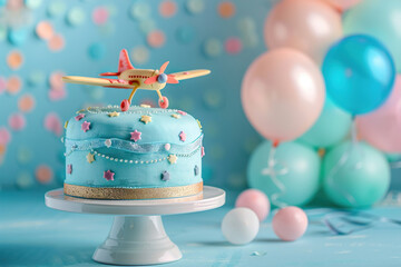Blue background with Birthday cake, airplane, balloons and copy space. Festive backdrop with empty space for text. Greeting card for boy. Playful, vibrant design. Event for kids.