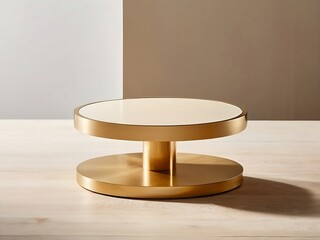 A stunning round flat gold stand sits atop a wooden table, its surface gleaming in the warm beige light.