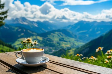 Wall Mural - A cup of coffee sitting on top of a wooden table