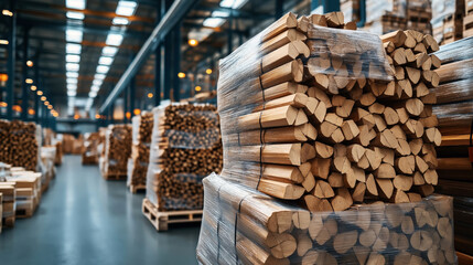 Stacks of cut firewood wrapped in plastic stored in a large warehouse with industrial lighting and high ceilings.