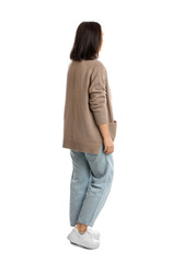 mature woman in casual clothes on white background, back view
