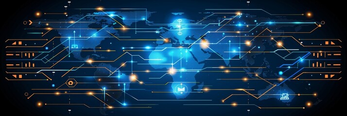 Sticker - Global Network Connection. Digital World Map With Electronic Circuit Board, Technology Background