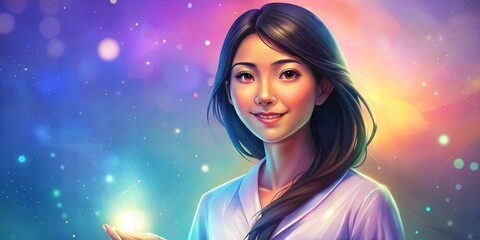 Wall Mural - digital composite of asian woman with glowing light