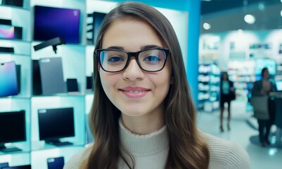 Poster - Head and shoulders shot video of a cheerful tech advisor in a modern computer store