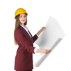 Engineer in hard hat with draft on white background