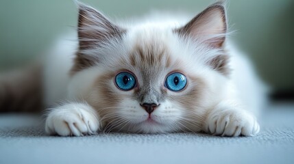 A small white kitten with blue eyes laying on the floor