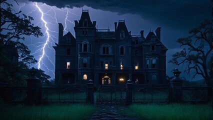 A very scary looking old mansion, a scary sight in the dark of night with lightning. 