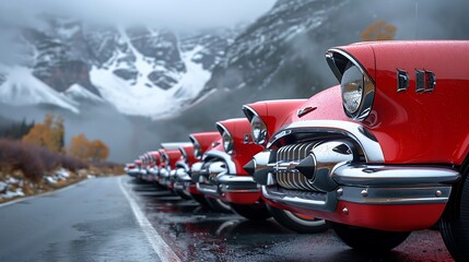 Wall Mural - A lineup of vintage cars on a scenic road, mountains with snow-capped peaks in the background, early morning mist, soft light, classic car details in sharp focus, peaceful and nostalgic atmosphere,