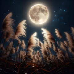 Wall Mural - Full moon and pampas grass shining in the night sky.