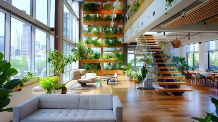 Poster - Modern Office Interior with Green Plants and City View.