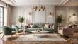 © Man888 - Elegant pastel-hued living room interior mockup featuring a luxurious velvet sofa, sleek coffee table, and modern armchairs amidst soft neutral-toned walls and floor.