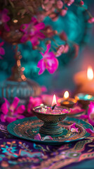 Wall Mural - Diwali decorations on a table, in a style that is teal and violet, with symbolic elements.