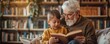 © Piyawat - Elderly man teaching a child to read, highlighting a heartwarming multigenerational bond.