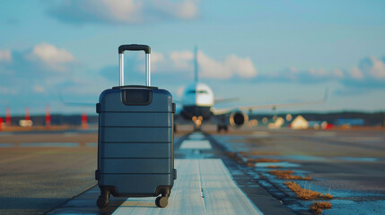 A suitcase for traveling stands on the runway on the background of an airplane