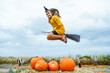 © Westend61 - Girl wearing witch costume flying on broomstick in pumpkin patch