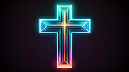 A neon cross in a cyberpunk atmosphere on a dark background exposing the cross. 4K illustration