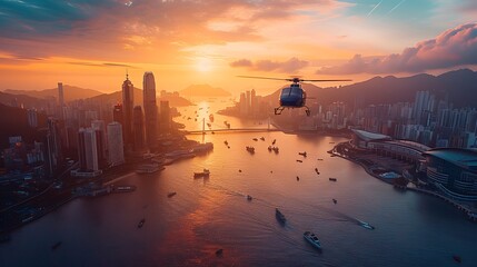 Wall Mural - Helicopter flying over a coastal city, bustling harbor below, tall buildings and bridges, sunset lighting, vibrant and colorful, detailed textures on helicopter and cityscape, scenic and dynamic view,