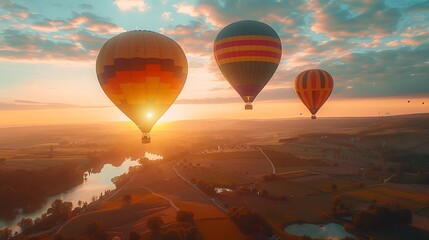 Wall Mural - Hot air balloons ascending at dawn, colorful balloons against a sky painted with warm hues, serene landscape with rolling hills and lakes below, tranquil and peaceful morning scene,