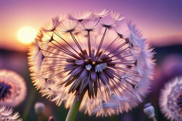 Wall Mural - Dandelion seeds gently blowing in the wind, horizontal compostion