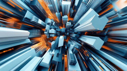 Abstract aerial view of tall city skyscrapers with a futuristic design and glowing orange lights, creating a sense of speed and motion.