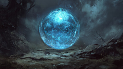 Wall Mural - magical blue energy burst ball sphere hovering over a mysterious horror fantasy dark magical landscape  with mountains 