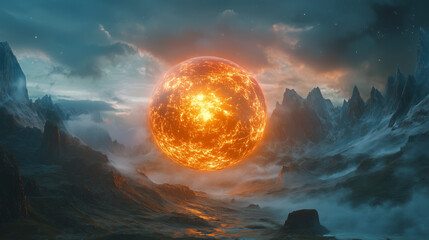 Wall Mural - magical fire energy burst ball sphere hovering over a mysterious fantasy magical landscape  with mountains 