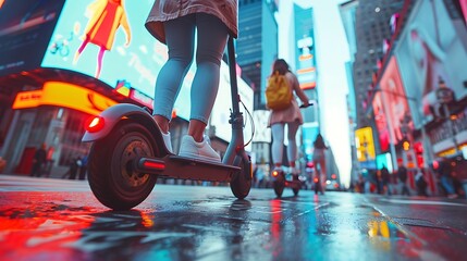 Wall Mural - People riding electric scooters in a modern urban environment, tall skyscrapers in the background, bright daylight, bustling city street, vibrant colors, dynamic motion,