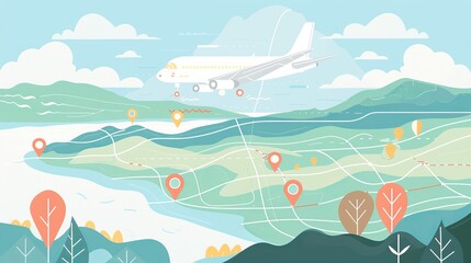Wall Mural - Airplane flying over scenic landscape with map pointers and dashed path lines, symbolizing travel, adventure, and journey planning in a minimalist vector illustration - ideal for tourism, navigation, 