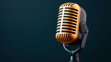 Wall Mural - Close-up of a vintage-style orange and black microphone with a dark background.