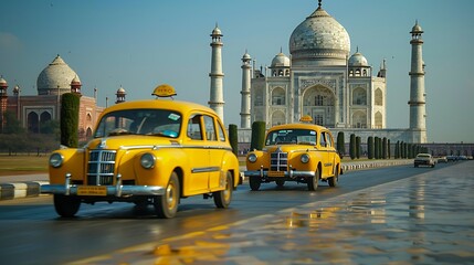 Wall Mural - Yellow taxis in front of the Taj Mahal, Agra, iconic white marble structure, clear blue sky, detailed textures on the taxis and landmark, dynamic and vibrant scene, hd quality, natural look.