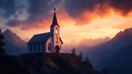 The church on the mountaintop is shown in the glow of the morning sun as it rises over the horizon.